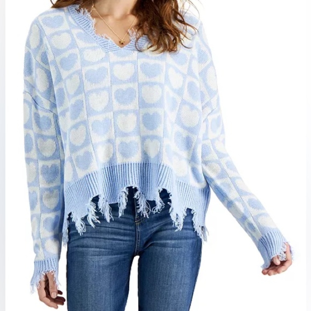 Just Polly Heart-Print Destructed Sweater, Women’s S